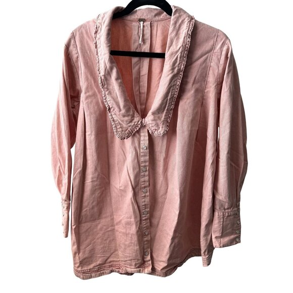 Free People Pink Button-Down Collared Shirt With Ruffled Edges Size S - Picture 4 of 5